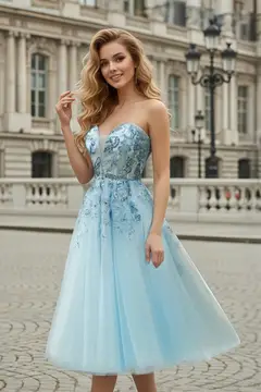 Light Blue Tulle Strapless Sweetheart Ballgown Homecoming Dress — view 3