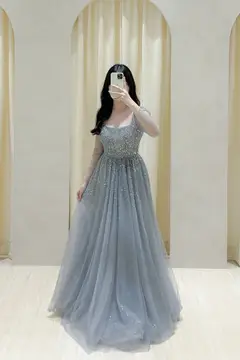 Aegean Blue Long Sleeve Gown wedding guest dress, view 2