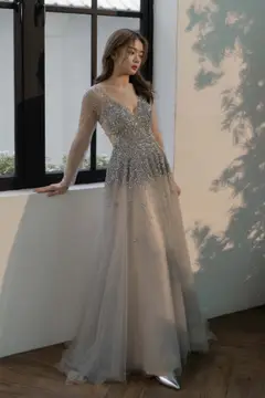 Alina Beaded Long Sleeve Gown wedding guest dress, view 1