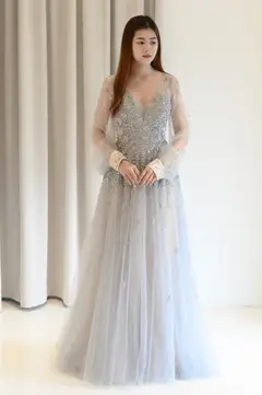 Alina Beaded Long Sleeve Gown wedding guest dress, view 2