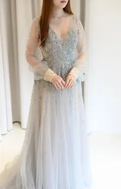Alina Beaded Long Sleeve Gown wedding guest dress, view 3