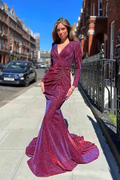 JA Amari Long Sleeve Stardust Wine Gown wedding guest dress, view 1