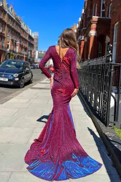 JA Amari Long Sleeve Stardust Wine Gown wedding guest dress, view 2