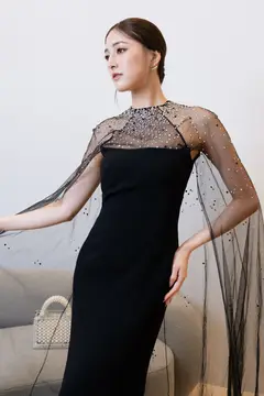 Georgia Black Cape Gown wedding guest dress, view 3