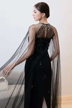 Georgia Black Cape Gown wedding guest dress, view 4