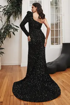 CD Roxy One Shoulder Sequin Black Gown wedding guest dress, view 2