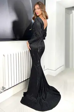 JA Cecelia Stardust Black Long Sleeve Gown wedding guest dress, view 2