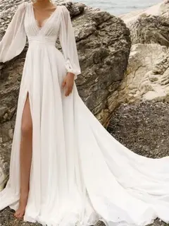 V-Neck Chiffon A-Line Floor-Length Wedding Dress — LV35259189 — view 1