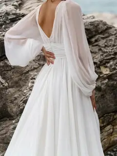 V-Neck Chiffon A-Line Floor-Length Wedding Dress — LV35259189 — view 4