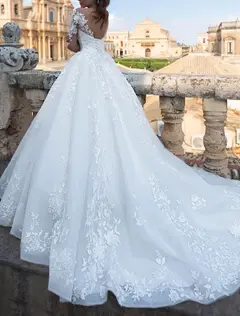 V-Neck Tulle Ball Gown Floor-Length Wedding Dress — LV14231349 — view 3