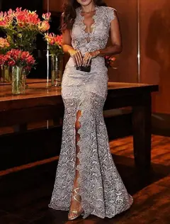 V-Neck Lace Mermaid Floor-Length Wedding Dress — LV15378229 — view 3