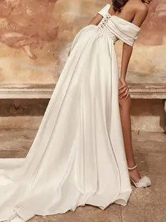 Short Sleeve Satin Sheath Short Wedding Dress — LV20451381 — view 2