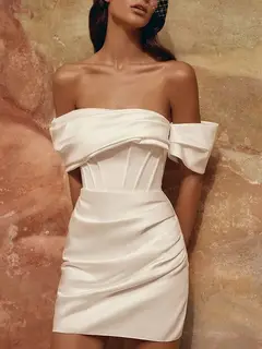 Short Sleeve Satin Sheath Short Wedding Dress — LV20451381 — view 3