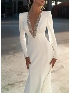 V-Neck Long Sleeve Satin Mermaid Wedding Dress — LV09656373 — view 2