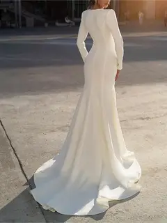 V-Neck Long Sleeve Satin Mermaid Wedding Dress — LV09656373 — view 3