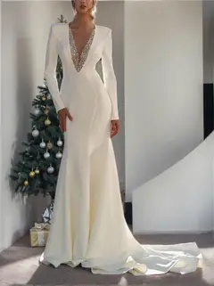 V-Neck Long Sleeve Satin Mermaid Wedding Dress — LV09656373 — view 4