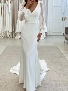 V-Neck Long Sleeve Satin Mermaid Wedding Dress — LV24634933 — view 1