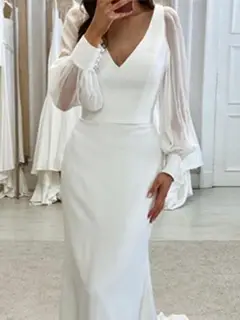 V-Neck Long Sleeve Satin Mermaid Wedding Dress — LV24634933 — view 2