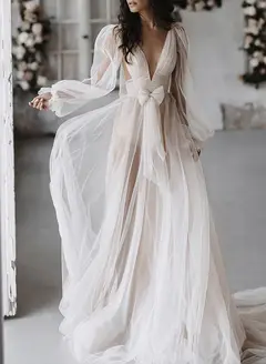 V-Neck Tulle A-Line Floor-Length Wedding Dress — LV45911093 — view 1