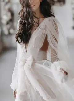 V-Neck Tulle A-Line Floor-Length Wedding Dress — LV45911093 — view 3