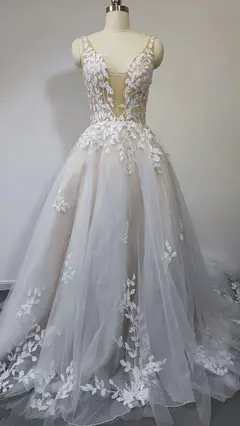 V-Neck Tulle A-Line Floor-Length Wedding Dress — LV15116085 — view 3