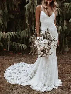 Spaghetti Strap Lace Mermaid Floor-Length Wedding Dress — LV14755637 — view 1