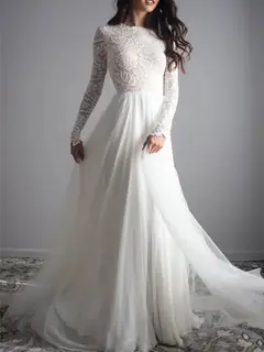 Scoop Tulle A-Line Floor-Length Wedding Dress — LV67719477 — view 1