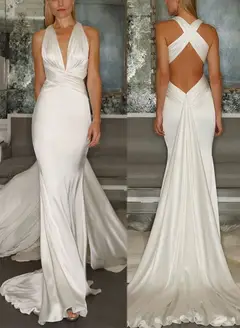 V-Neck Silk Satin Mermaid Floor-Length Wedding Dress — LV64147765 — view 1