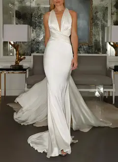 V-Neck Silk Satin Mermaid Floor-Length Wedding Dress — LV64147765 — view 2