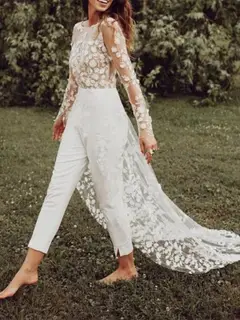 Scoop Long Sleeve Floor-Length Wedding Dress — LV83183157 — view 1