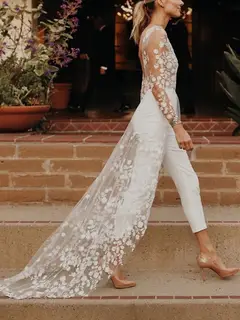 Scoop Long Sleeve Floor-Length Wedding Dress — LV83183157 — view 2
