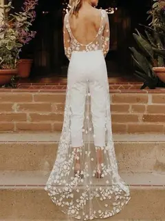 Scoop Long Sleeve Floor-Length Wedding Dress — LV83183157 — view 3