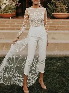 Scoop Long Sleeve Floor-Length Wedding Dress — LV83183157 — view 4