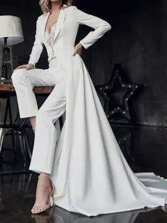 Sweetheart Long Sleeve Stretch Satin Floor-Length Wedding Dress — LV90523189 — view 2