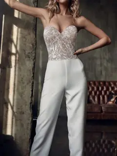 Sweetheart Long Sleeve Stretch Satin Floor-Length Wedding Dress — LV90523189 — view 3