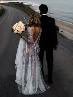 V-Neck Long Sleeve A-Line Floor-Length Wedding Dress — LV68871733 — view 2