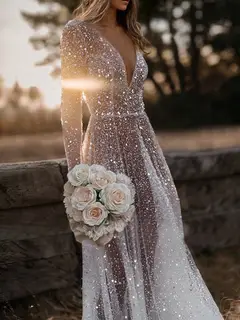 V-Neck Long Sleeve A-Line Floor-Length Wedding Dress — LV68871733 — view 3