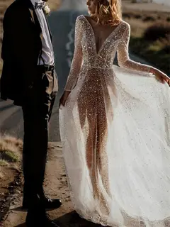 V-Neck Long Sleeve A-Line Floor-Length Wedding Dress — LV68871733 — view 4