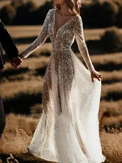 V-Neck Long Sleeve A-Line Floor-Length Wedding Dress — LV68871733 — view 5