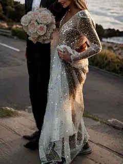 V-Neck Long Sleeve A-Line Floor-Length Wedding Dress — LV68871733 — view 6