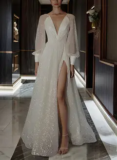 V-Neck A-Line Floor-Length Wedding Dress — LV12618805 — view 4