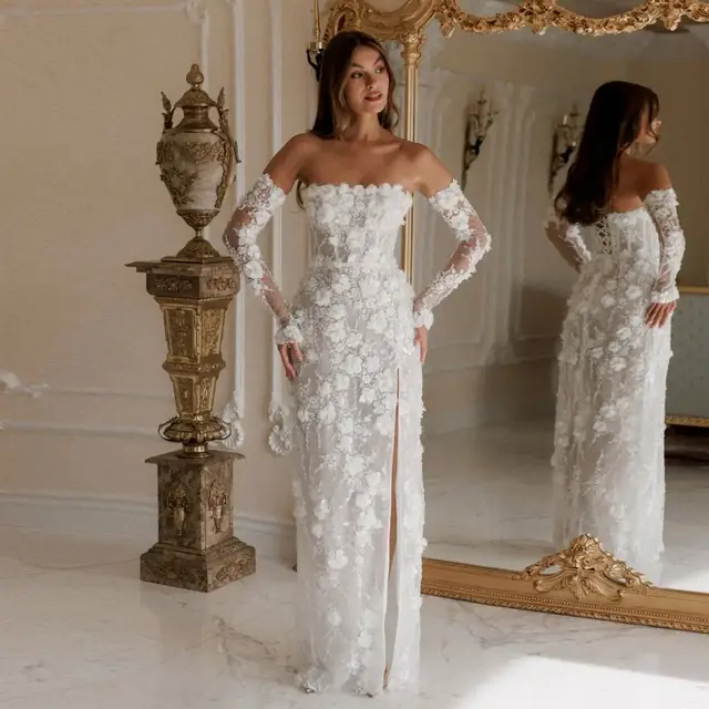 3D Floral Sequin Strapless with Detachable Sleeves Wedding Dress — SW085