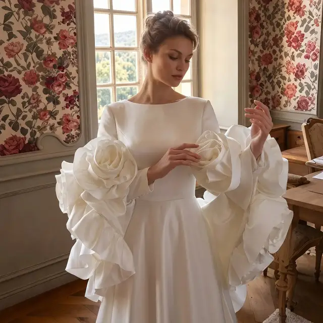 A-Line Satin 3D Rose Floral With Veil Wedding Dress — SW661