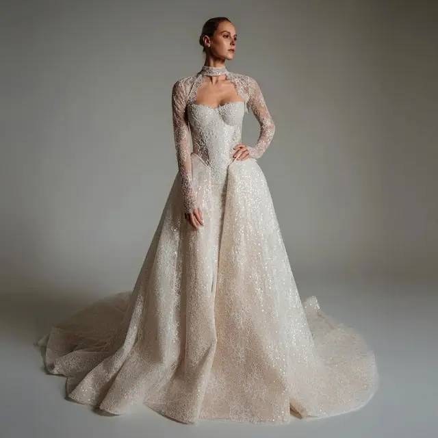 Beaded Long Sleeve Train with Overskirt Wedding Dress — SW168