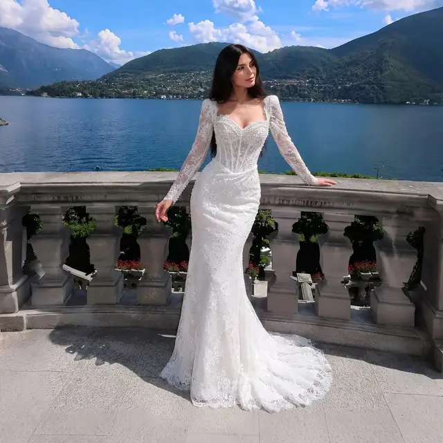 Boho Lace Mermaid Beaded Sequins With Lace Train Wedding Dress — SW627