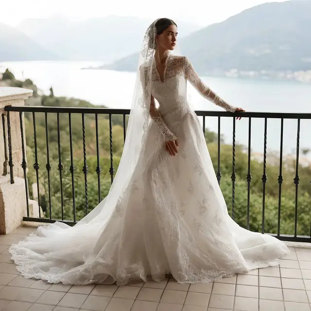 Timeless Lace V-Neck Long Sleeve with Cathedral Veil Wedding Dress — SW278