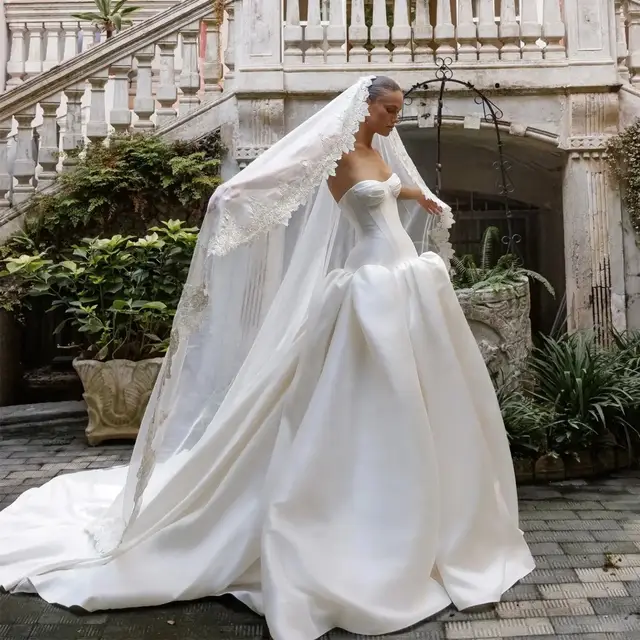 Classic Satin Strapless Ball Gown with Veil — SW191
