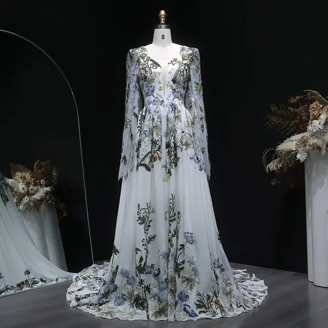 Embroidery Long Sleeve Boho Train Wedding Dress — SW641