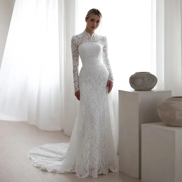 Floral Long Sleeve Mermaid Wedding Dress — SW543