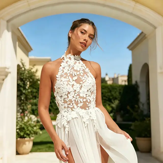 Halter Neck 3D Floral Lace Sheer Slit Wedding Dress — SW739
